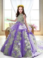 Attractive Satin High-neck Sleeveless Court Train Backless Appliques Kids Formal Wear in Lavender