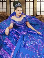 Ideal Off the Shoulder Royal Blue Ball Gowns Embroidery Quinceanera Gown Lace Up Satin Sleeveless Floor Length