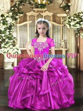 Fuchsia Sleeveless Beading and Ruffles Floor Length Little Girls Pageant Dress