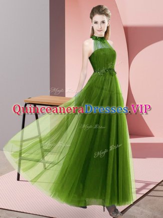 Popular Halter Top Sleeveless Lace Up Dama Dress for Quinceanera Olive Green Tulle