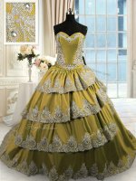 With Train Olive Green Quinceanera Dress Satin Sleeveless Beading and Appliques and Ruffled Layers