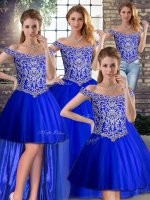 Fantastic Royal Blue Tulle Lace Up Off The Shoulder Sleeveless Quinceanera Gown Brush Train Beading