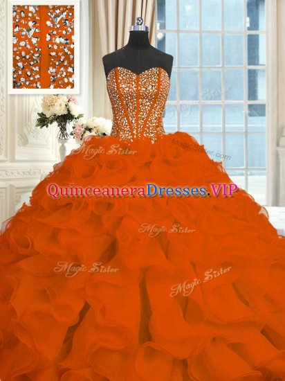 Colorful Red Ball Gowns Beading and Ruffles Quince Ball Gowns Lace Up Organza Sleeveless With Train - Click Image to Close