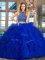 Royal Blue Tulle Backless Halter Top Sleeveless Sweet 16 Dress Brush Train Beading and Ruffles