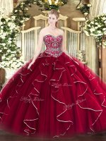 Modern Wine Red Ball Gowns Sweetheart Sleeveless Tulle Floor Length Lace Up Beading and Ruffles Quinceanera Gown