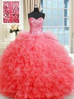Coral Red Vestidos de Quinceanera Military Ball and Sweet 16 and Quinceanera with Beading and Ruffles Sweetheart Sleeveless Lace Up(SKU PSSW0348BIZ)