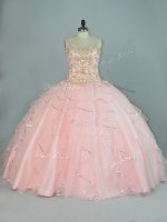 Sleeveless Tulle Floor Length Lace Up Quinceanera Gowns in Peach with Beading and Ruffles