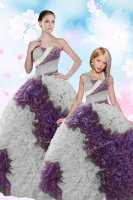 White And Purple Ball Gowns Fabric With Rolling Flowers Strapless Sleeveless Beading and Sequins Floor Length Lace Up Quinceanera Dresses