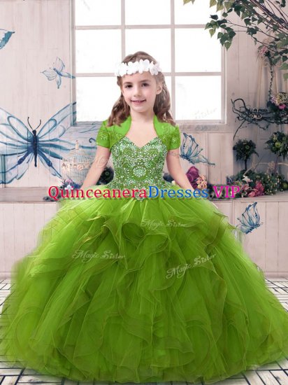 Floor Length Lace Up Little Girls Pageant Dress Olive Green for Party and Sweet 16 and Wedding Party with Beading - Click Image to Close