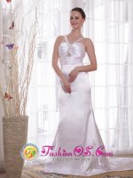 Oslo Norway Halter-top V-neck Quinceanera Dama Dress Silver Column Court Train Elastic Woven Satin Beading and Ruch(SKU PDATS130BIZ)