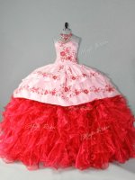 Best Selling Red Organza Lace Up Halter Top Sleeveless Vestidos de Quinceanera Court Train Embroidery and Ruffles