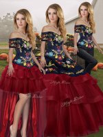 Eye-catching Wine Red Off The Shoulder Lace Up Embroidery and Ruffled Layers Quinceanera Gowns Brush Train Sleeveless(SKU SJQDDT2152007BBIZ)