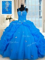 Customized Blue Sleeveless Floor Length Beading and Pick Ups Lace Up Quinceanera Gowns