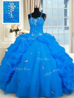 Customized Blue Sleeveless Floor Length Beading and Pick Ups Lace Up Quinceanera Gowns