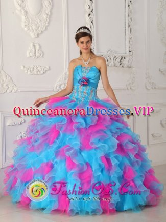 Bowling Green Ohio/OH Strapless Multi-color Appliques Decorate Quinceanera Dress With ruffles