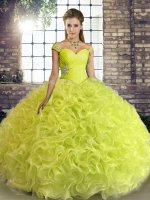 Sleeveless Floor Length Beading Lace Up Sweet 16 Dress with Yellow Green