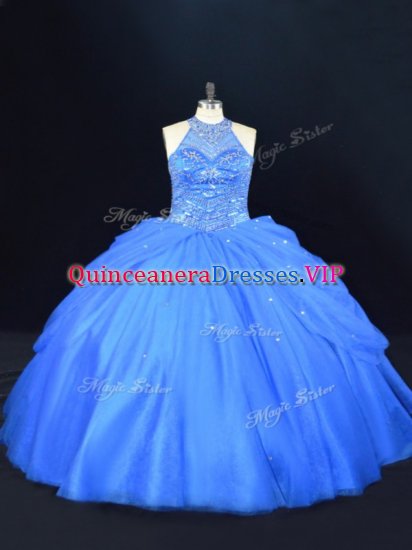 Blue Lace Up Halter Top Beading Sweet 16 Quinceanera Dress Tulle Sleeveless - Click Image to Close