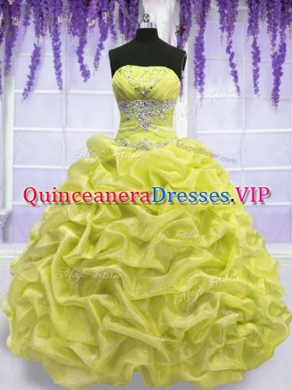 Yellow Green Ball Gowns Organza Strapless Sleeveless Beading Floor Length Lace Up Quinceanera Gown