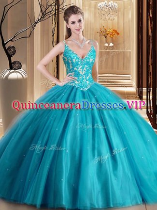 Floor Length Lace Up Sweet 16 Dresses Teal for Military Ball and Sweet 16 and Quinceanera with Beading and Lace and Appliques