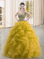Gold Organza Lace Up Sweetheart Sleeveless Floor Length Quinceanera Gown Beading and Ruffles
