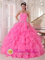 Strapless Beaded Decorate With Inexpensive Rose Pink Quinceanera Dress Custom Made with Ruffles Ball Gown IN Roscoe NY