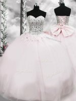 Deluxe Pink Sweet 16 Dresses Military Ball and Sweet 16 and Quinceanera with Beading and Bowknot Sweetheart Sleeveless Brush Train Lace Up