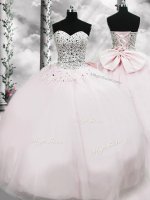 Deluxe Pink Sweet 16 Dresses Military Ball and Sweet 16 and Quinceanera with Beading and Bowknot Sweetheart Sleeveless Brush Train Lace Up(SKU PSSW0642BIZ)