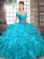 Fashionable Aqua Blue Lace Up Quinceanera Dresses Beading and Ruffles Sleeveless Floor Length