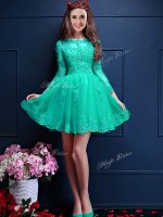 Turquoise Chiffon Lace Up Quinceanera Court Dresses 3 4 Length Sleeve Mini Length Beading and Lace and Appliques(SKU BMT094-10BIZ)