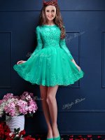 Turquoise Chiffon Lace Up Quinceanera Court Dresses 3 4 Length Sleeve Mini Length Beading and Lace and Appliques