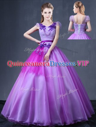 Floor Length Lavender Sweet 16 Quinceanera Dress V-neck Short Sleeves Lace Up