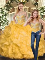 Sophisticated Gold Ball Gowns Sweetheart Sleeveless Organza Floor Length Lace Up Beading and Ruffles Quinceanera Dress
