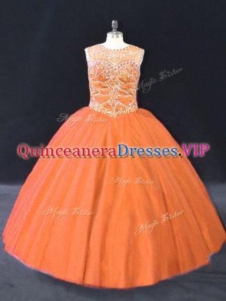 Orange Lace Up Scoop Beading Sweet 16 Quinceanera Dress Tulle Sleeveless
