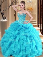 Custom Made Sweetheart Sleeveless Lace Up 15 Quinceanera Dress Aqua Blue and Turquoise Organza