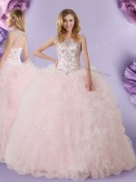 Inexpensive Scoop Baby Pink Sleeveless Floor Length Lace Lace Up Quinceanera Dress