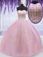 Baby Pink Sleeveless Beading Floor Length Ball Gown Prom Dress