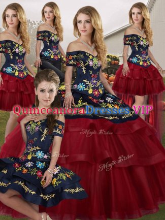 Wine Red Tulle Lace Up Sweet 16 Dresses Sleeveless Brush Train Embroidery and Ruffled Layers