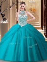 Halter Top Teal Quinceanera Dress Tulle Brush Train Sleeveless Beading and Pick Ups