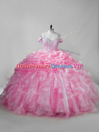 Delicate Organza Straps Sleeveless Brush Train Lace Up Beading and Ruffles and Pick Ups Sweet 16 Dresses in Pink - Click Image to Close