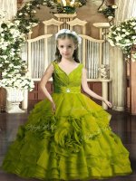Olive Green Sleeveless Organza Backless Child Pageant Dress for Party and Wedding Party