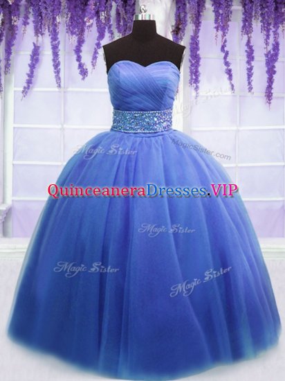 Blue Sweetheart Neckline Beading and Belt Sweet 16 Dress Sleeveless Lace Up - Click Image to Close