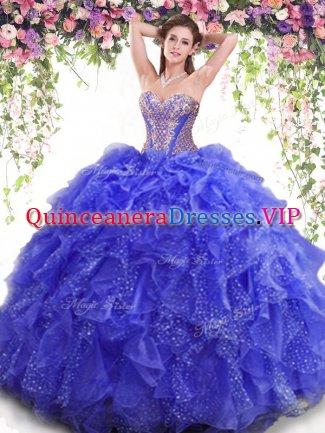 Suitable Blue Organza Lace Up 15 Quinceanera Dress Sleeveless Floor Length Beading and Ruffles