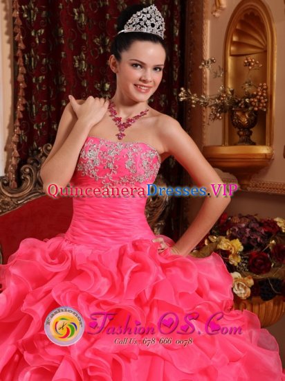 Gallipolis Ohio/OH Exquisite Watermelon Red Ruffles Appliques With Beading Ruching Bodice Ball Gown Quinceanera Dress For - Click Image to Close