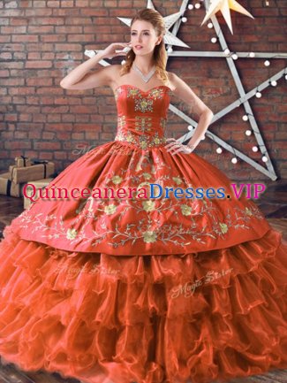 Fabulous Sleeveless Floor Length Embroidery and Ruffled Layers Lace Up Quince Ball Gowns with Rust Red
