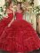 Great Floor Length Wine Red Quinceanera Dresses Halter Top Sleeveless Lace Up