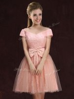 Beautiful Off the Shoulder Peach Lace Up Dama Dress for Quinceanera Lace and Bowknot Short Sleeves Mini Length