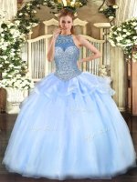 Blue Ball Gowns Halter Top Sleeveless Tulle Floor Length Lace Up Beading Sweet 16 Quinceanera Dress(SKU SJQDDT1055002-1BIZ)