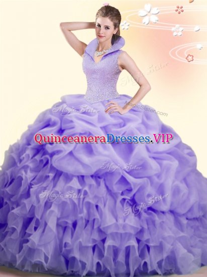 Best High-neck Sleeveless Organza Quince Ball Gowns Beading and Ruffles and Pick Ups Brush Train Backless - Click Image to Close