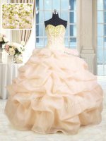 Peach Sleeveless Organza Lace Up Quinceanera Gowns for Military Ball and Sweet 16 and Quinceanera