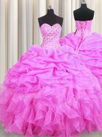Modest Rose Pink Ball Gowns Organza Sweetheart Sleeveless Beading and Ruffles and Pick Ups Floor Length Lace Up 15 Quinceanera Dress
